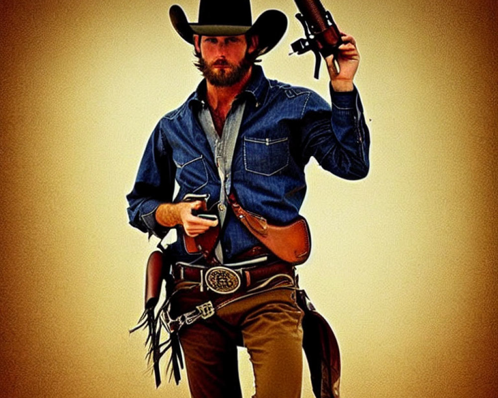 Bearded cowboy in denim shirt with rifle and pistol