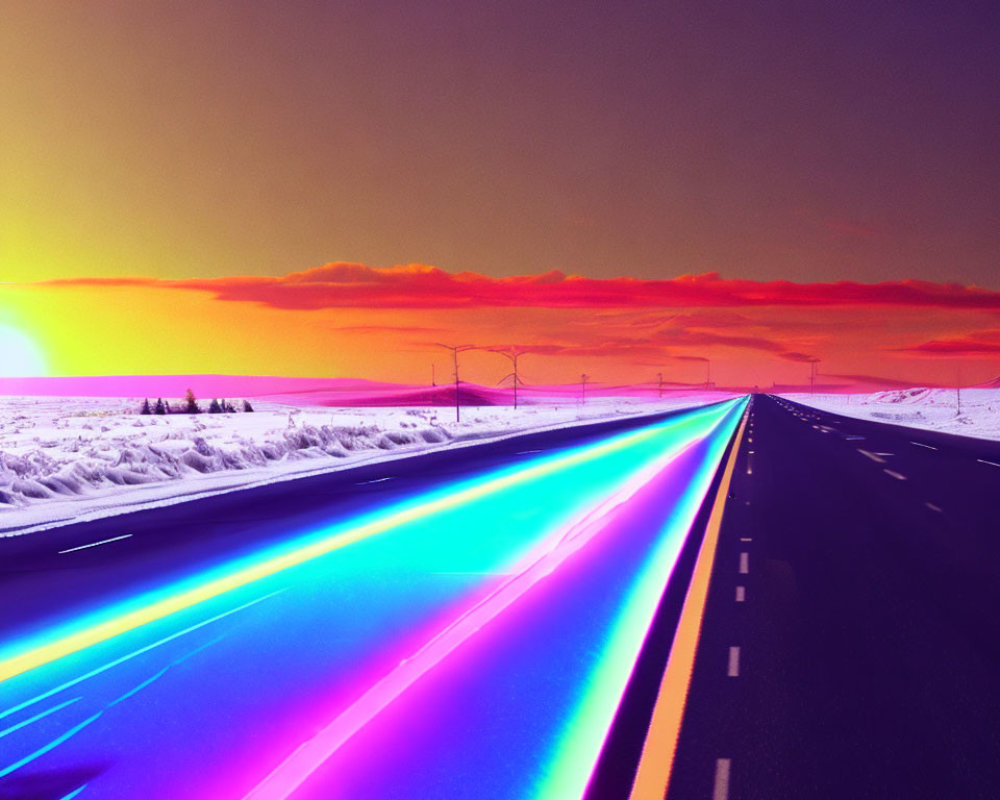 Colorful Light Trails on Highway Under Heat Signature Sky