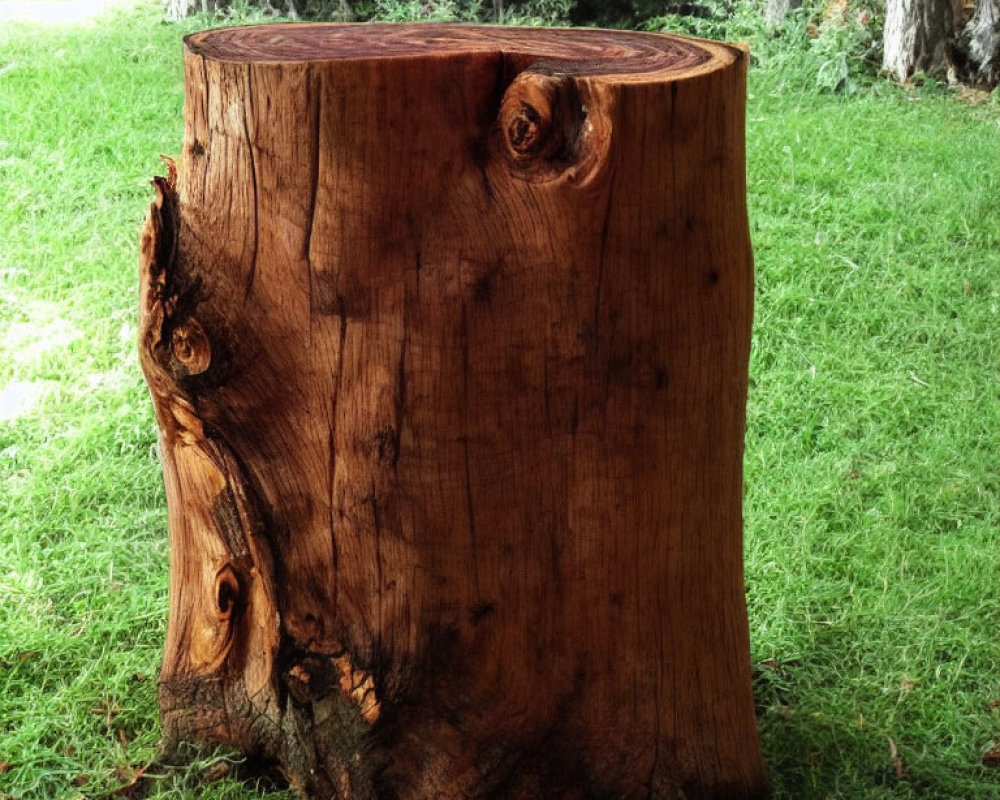 Rich Brown Tree Stump Surrounded by Green Grass in Forest