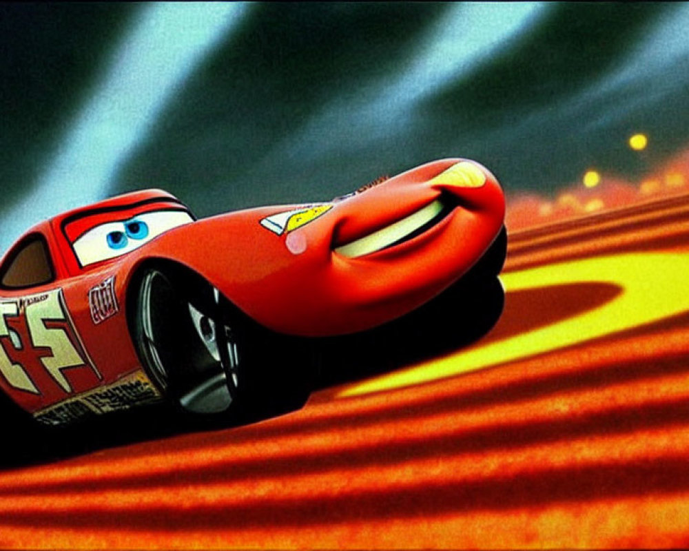 Red animated race car with number 95 and lightning bolt graphics speeds on track.