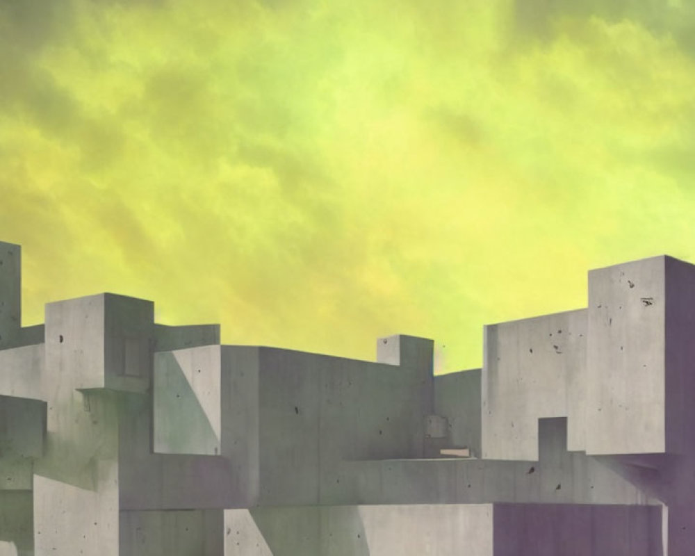 Abstract cityscape with geometric concrete structures under greenish-yellow sky