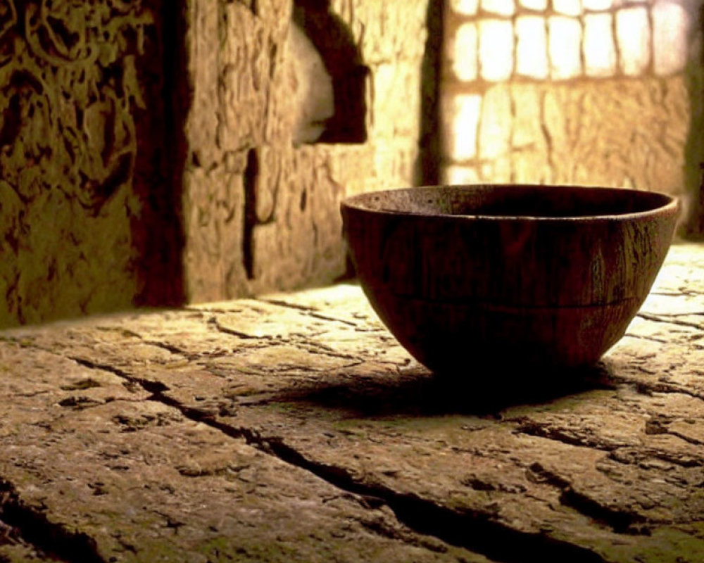 Rustic wooden bowl on stone surface with soft light in textured room