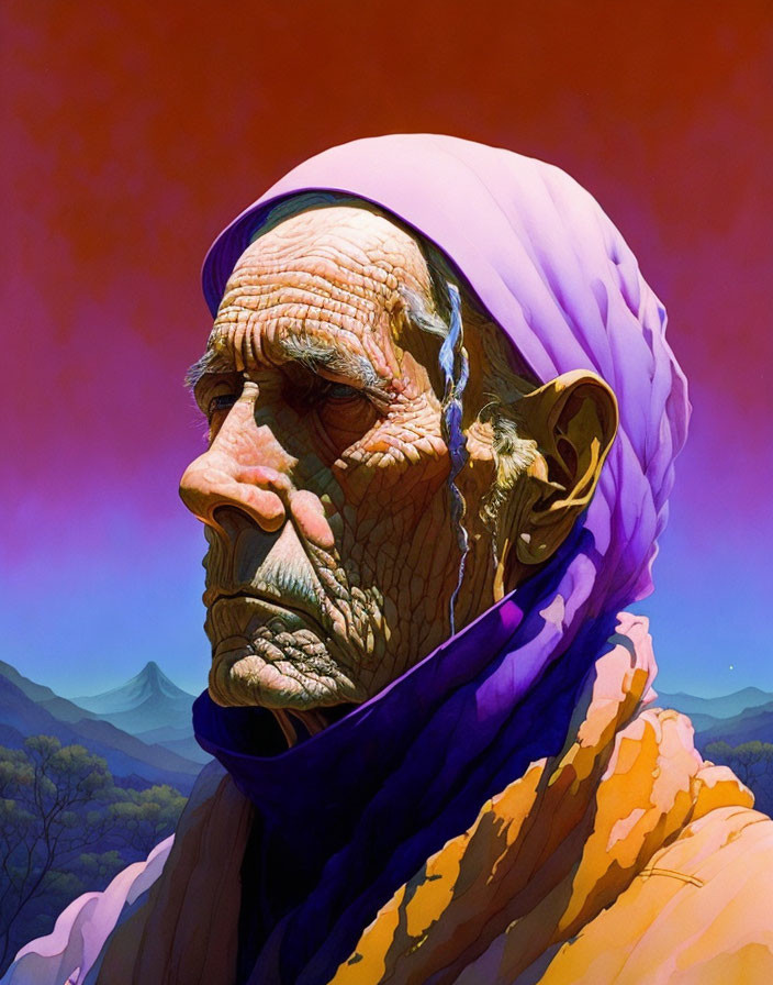 Elderly Man Illustration with White and Purple Turban in Mountainous Landscape