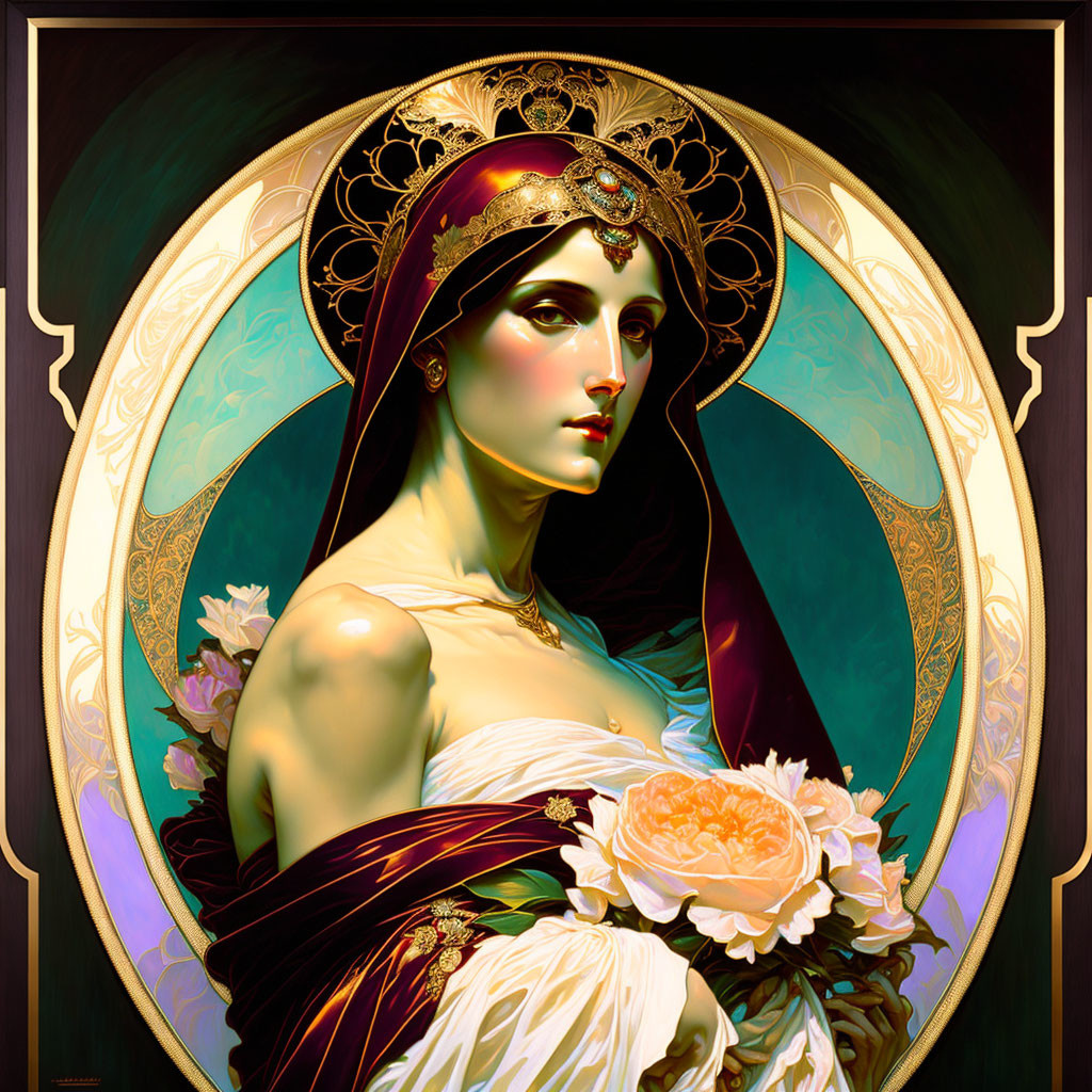 Stylized portrait of woman with headpiece and flowers against art nouveau backdrop