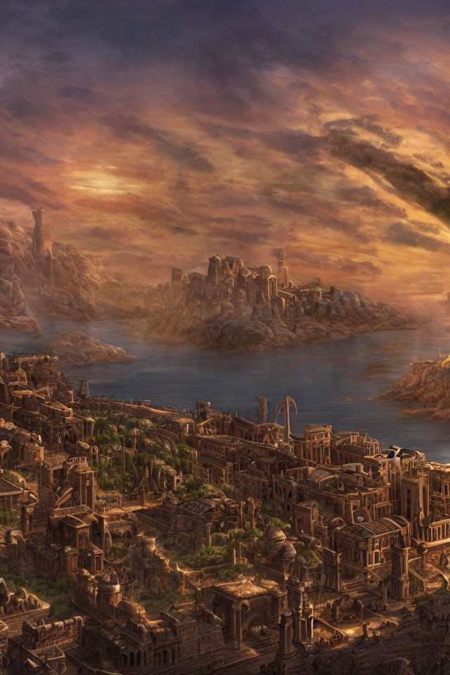 Ancient city with stone buildings under dramatic sunset near calm sea