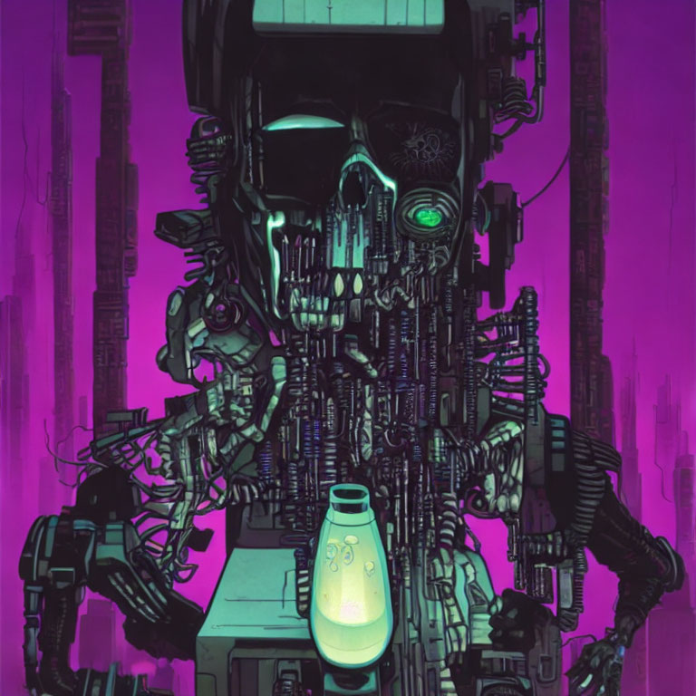 Detailed illustration of robot with skull-like face in cybernetic backdrop with neon purple hues and glowing object