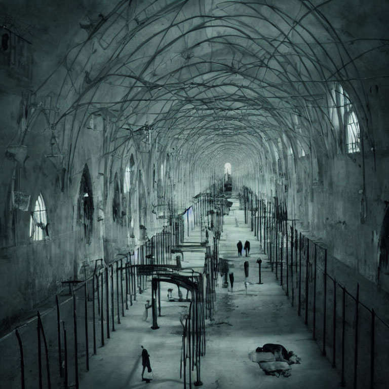 Spacious cavern with arched ceilings, pillars, people, and a dog in a haunting setting