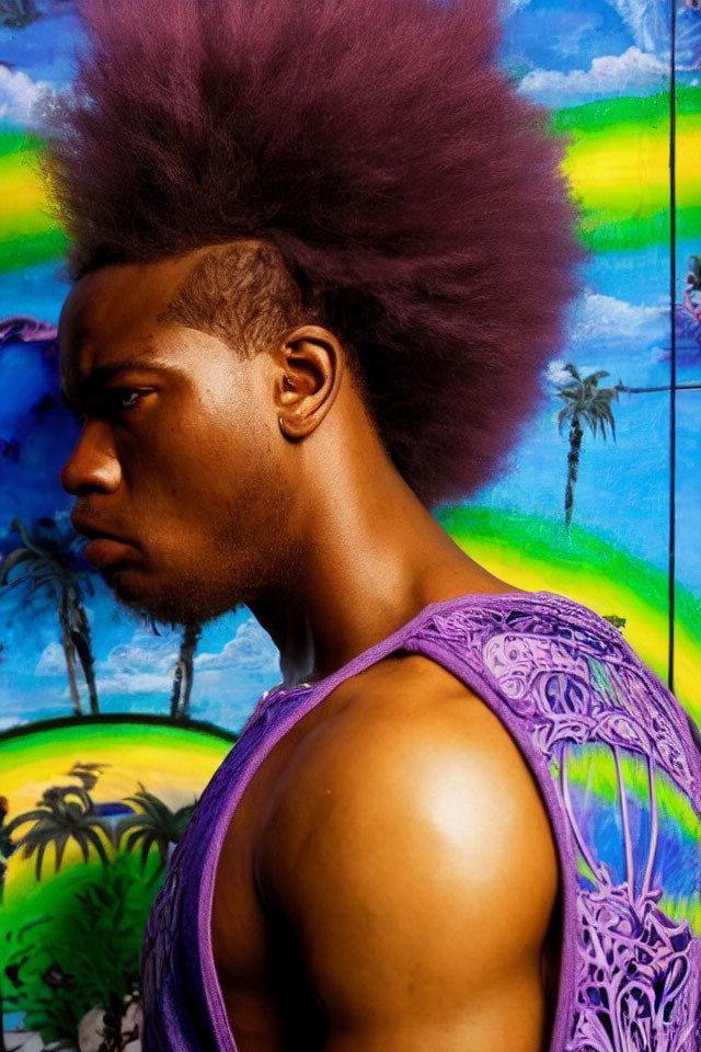 Man with Afro Hairstyle in Purple Garment Against Colorful Palm Tree Mural