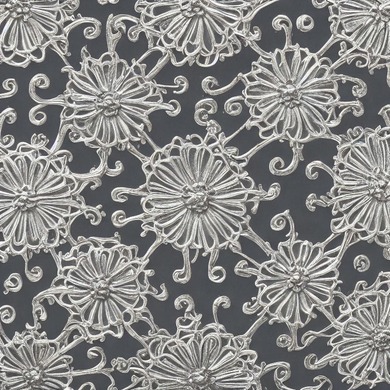 Silver floral pattern on dark background: Intricate vintage design