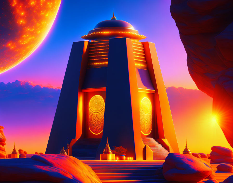 Futuristic sci-fi scene: vibrant building, large planet, purple sky.