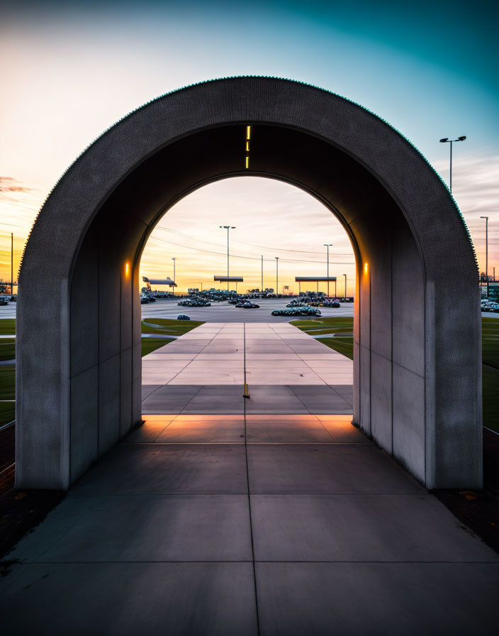 Arched walkway at sunset with warm sky colors and street lights