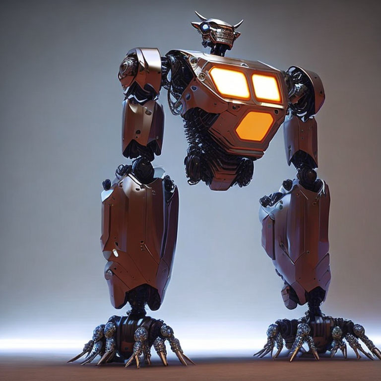 Futuristic humanoid robot with insect-like limbs and orange-lit chest panel