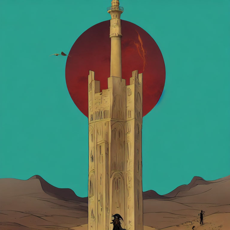 Desert landscape with towering structure, red sun or moon, and lone bird.