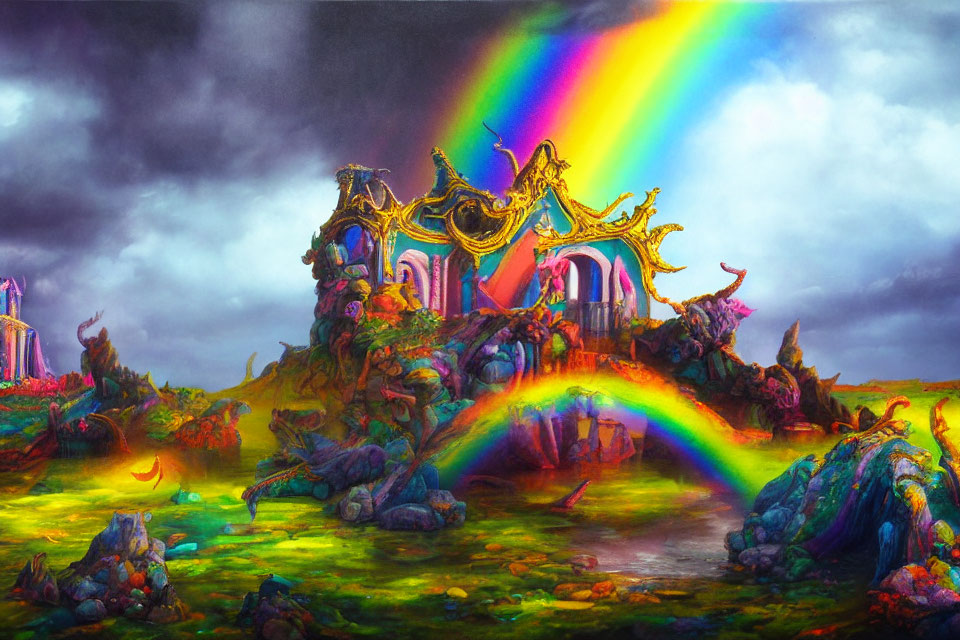 Colorful fantasy landscape with ornate buildings, rainbow, and stormy sky