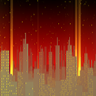 Dystopian cityscape with red and yellow glow and tall buildings