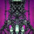 Detailed illustration of robot with skull-like face in cybernetic backdrop with neon purple hues and glowing object