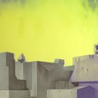 Abstract cityscape with geometric concrete structures under greenish-yellow sky