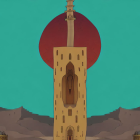 Desert landscape with towering structure, red sun or moon, and lone bird.