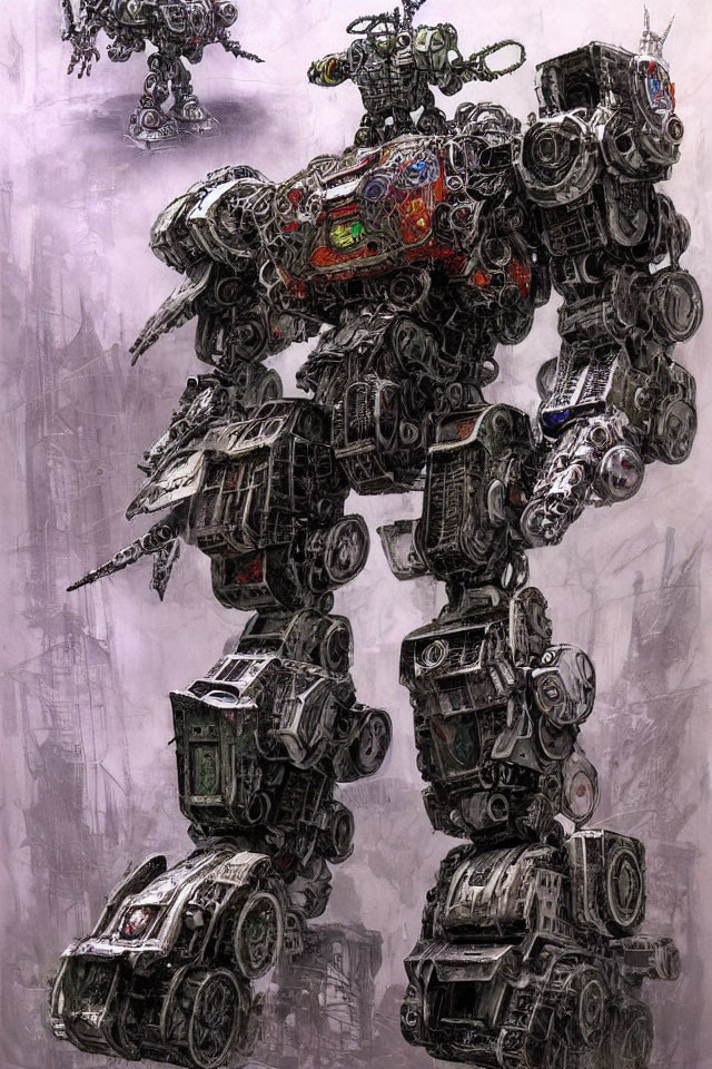 Imposing metallic robot made of car parts in hazy setting