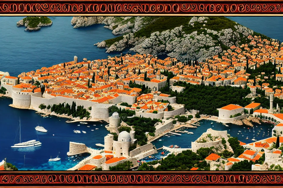 Medieval walled city by the sea with orange rooftops and lush greenery