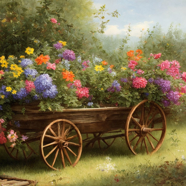 Rustic wooden cart filled with colorful flowers in a garden