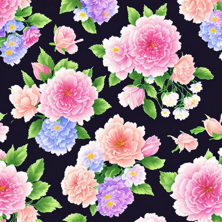 Pink and Purple Peony Floral Pattern on Dark Background