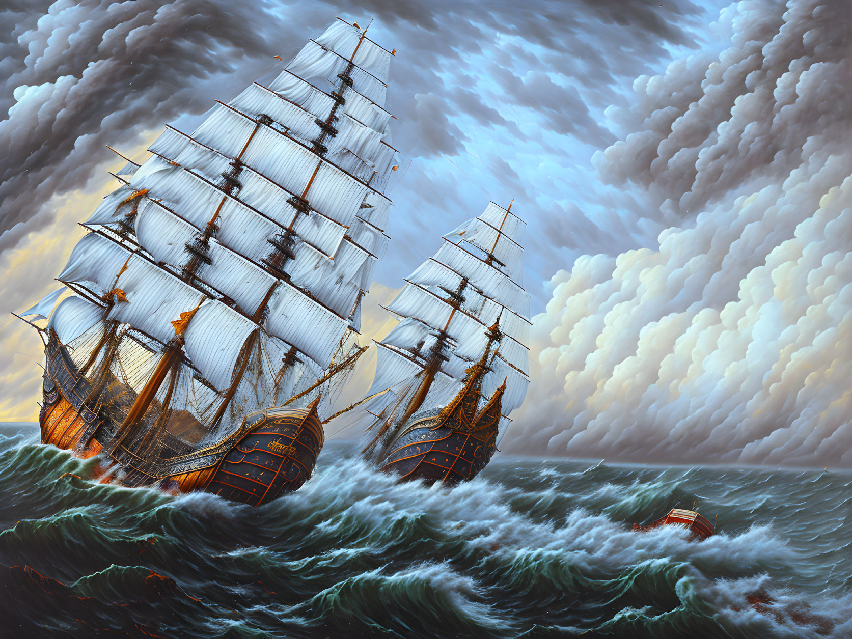 Majestic sailing ships on stormy seas with dramatic sky