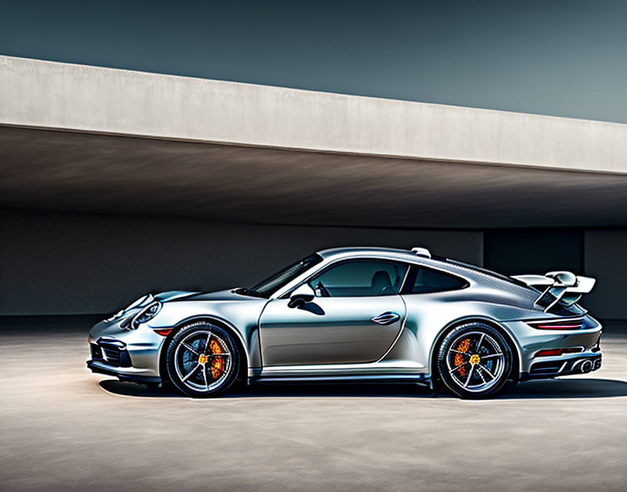 Silver Porsche 911 GT3 with Orange Brake Calipers in Minimalist Garage