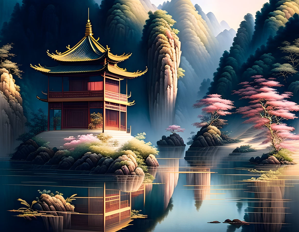 Tranquil digital art: Asian pagoda by lake, pink trees, misty mountains