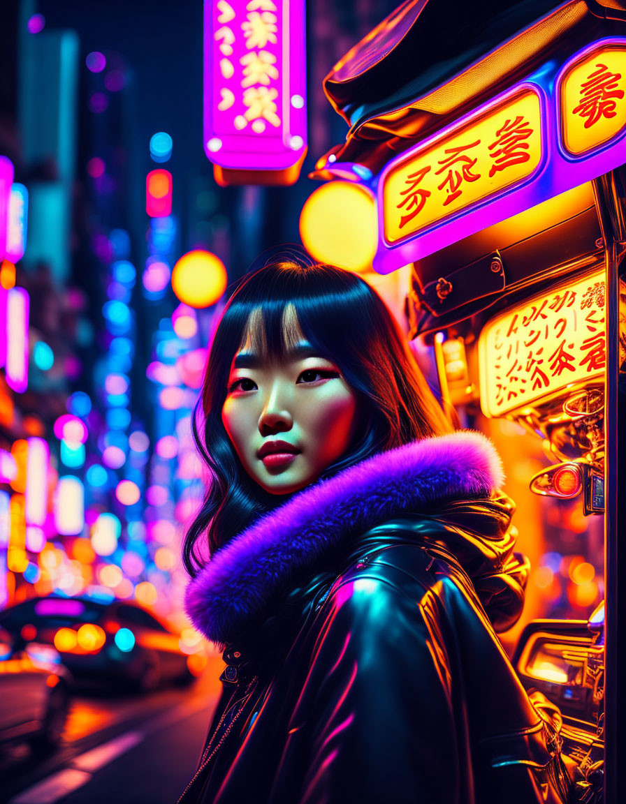 Bobbed Hair Woman in Fur Jacket on Neon-Lit Night Street