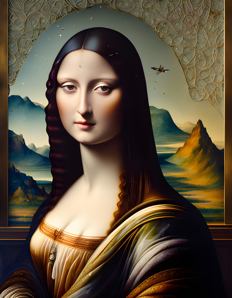 Vividly colored surreal Mona Lisa with starry sky, ornate background, and detailed bee.