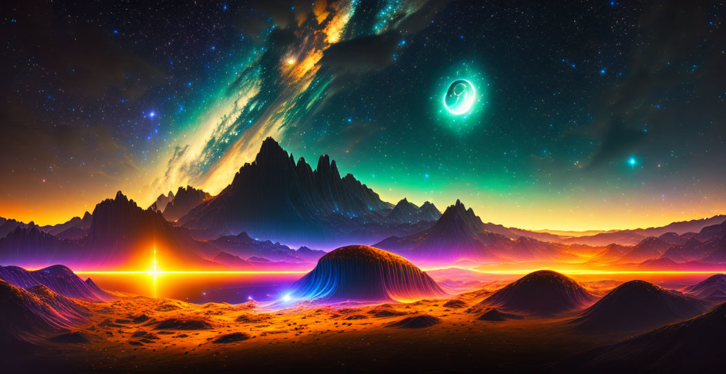 Colorful sci-fi landscape with mountains, galaxy, and glowing river