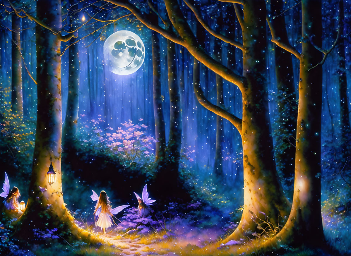 Enchanting forest glade with fairies under full moon