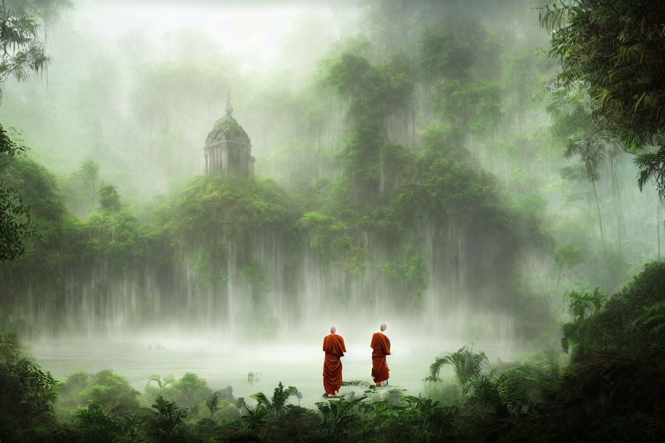 Monks in orange robes by misty lake and ancient temple.