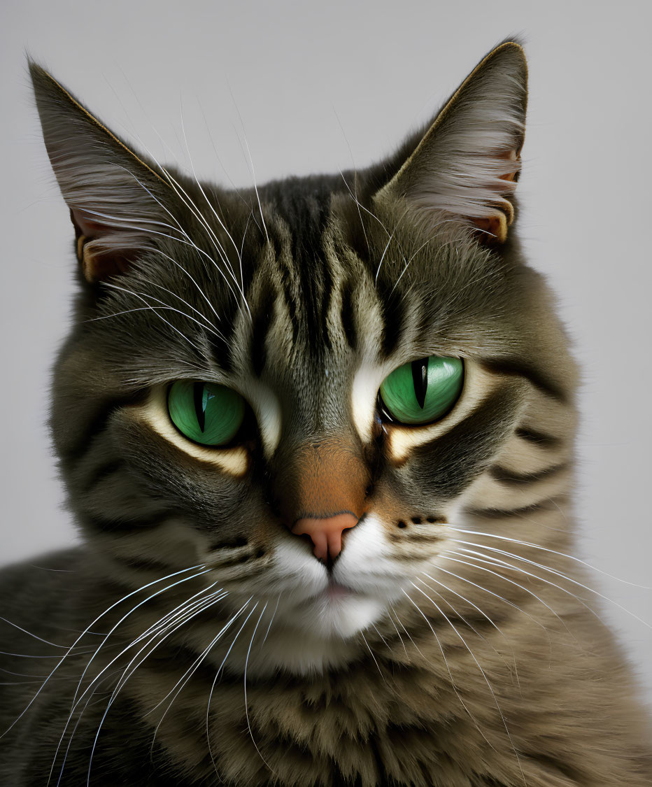 Tabby Cat Portrait with Green Eyes and Stripes