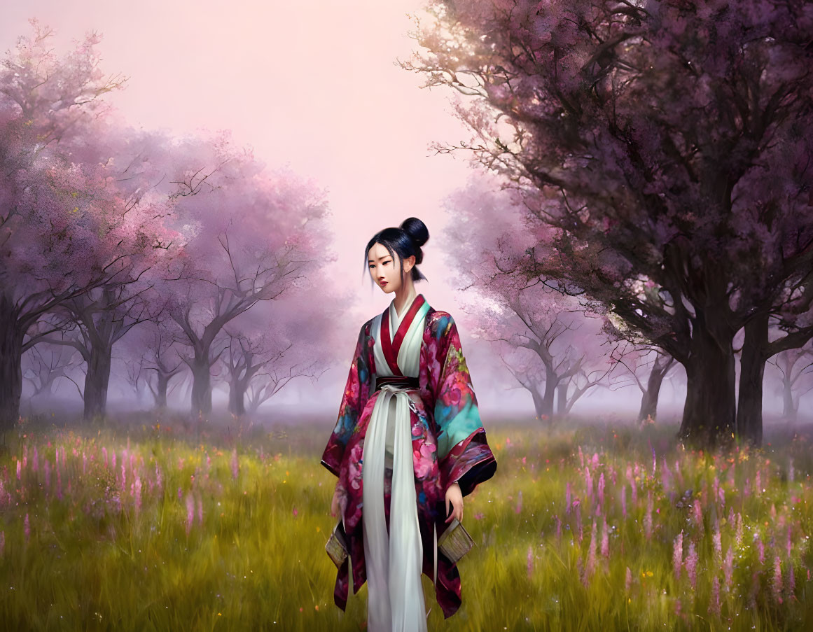 Traditional kimono-clad woman surrounded by cherry blossoms and purple backdrop