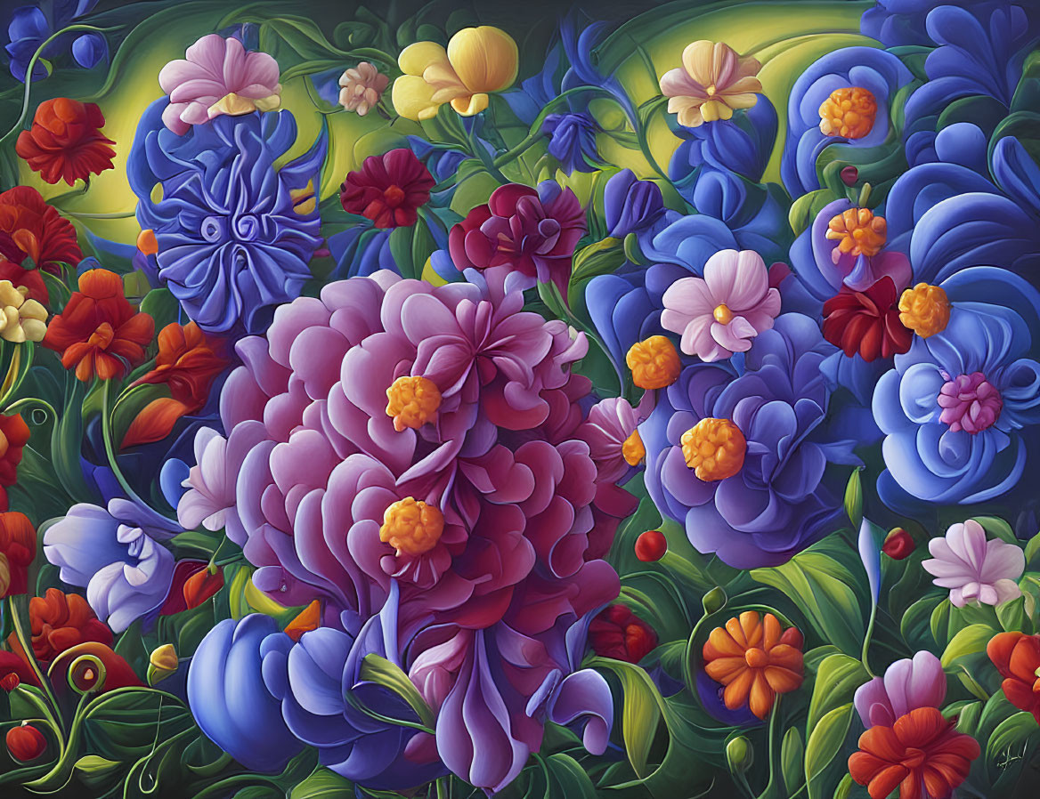 Colorful Stylized Flower Painting with Lush Green Leaves