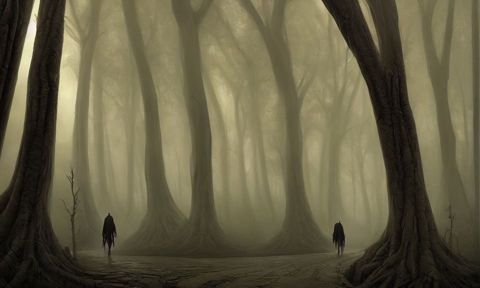 Silhouetted figures in misty, eerie forest with twisted trees