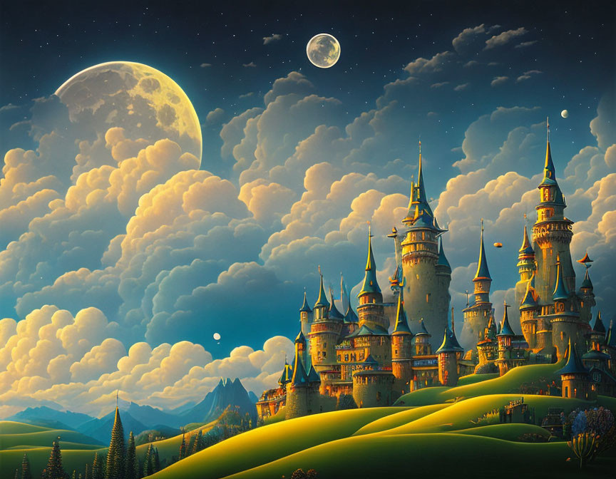 Fantasy castle in green hills under starry sky