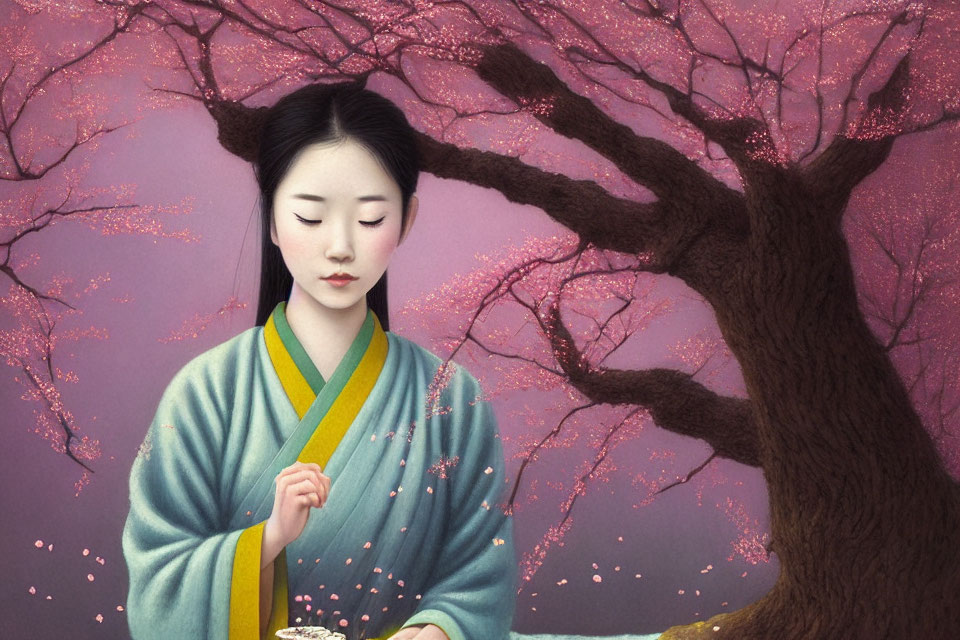 Woman in Green Kimono Standing Under Cherry Blossom Tree