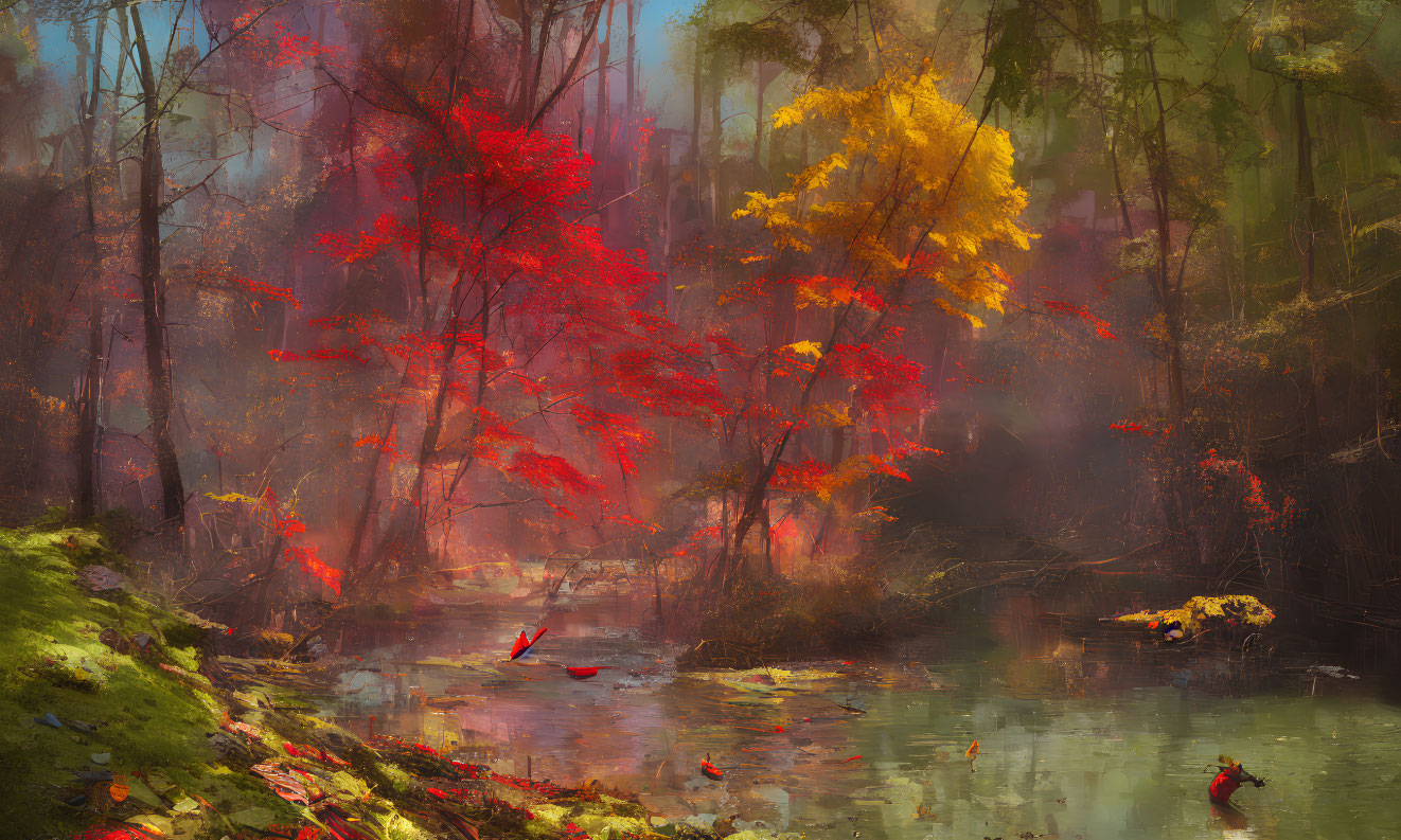 Tranquil Autumn Forest with Red and Yellow Foliage