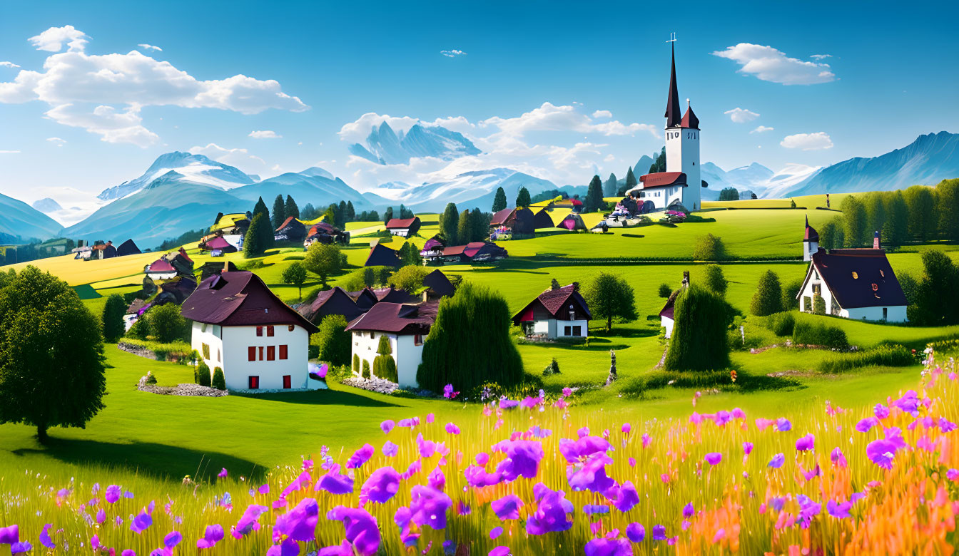 Scenic village with church, houses, green fields, and mountains