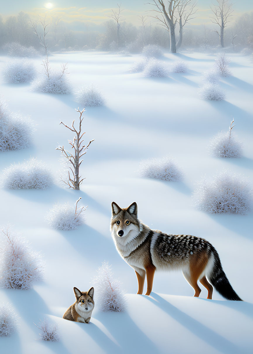 Adult wolf and cub in serene snowy landscape