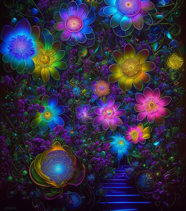 Colorful neon-lit fantasy flowers in a dark magical garden