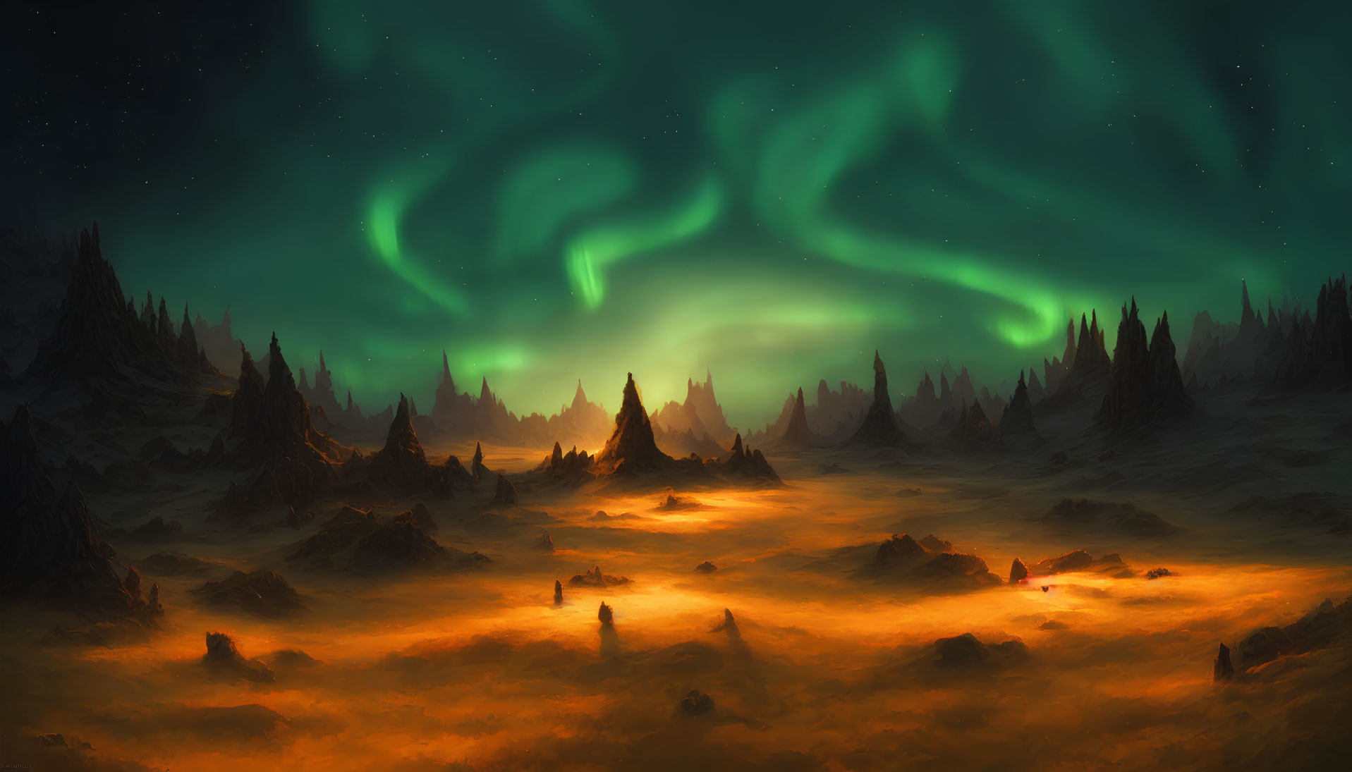 Fiery Orange Landscape with Swirling Green Northern Lights