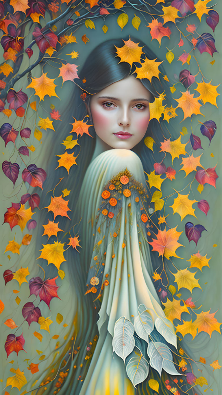 Fantastical portrait of woman with flowing hair in autumn setting