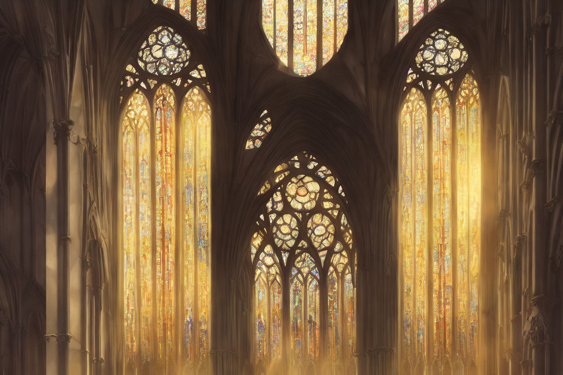 Stained Glass Windows in a Gothic Cathedral