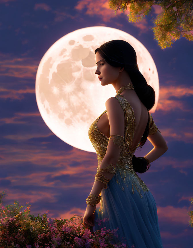 Traditional Attired Woman Gazing at Large Moon in Twilight Sky