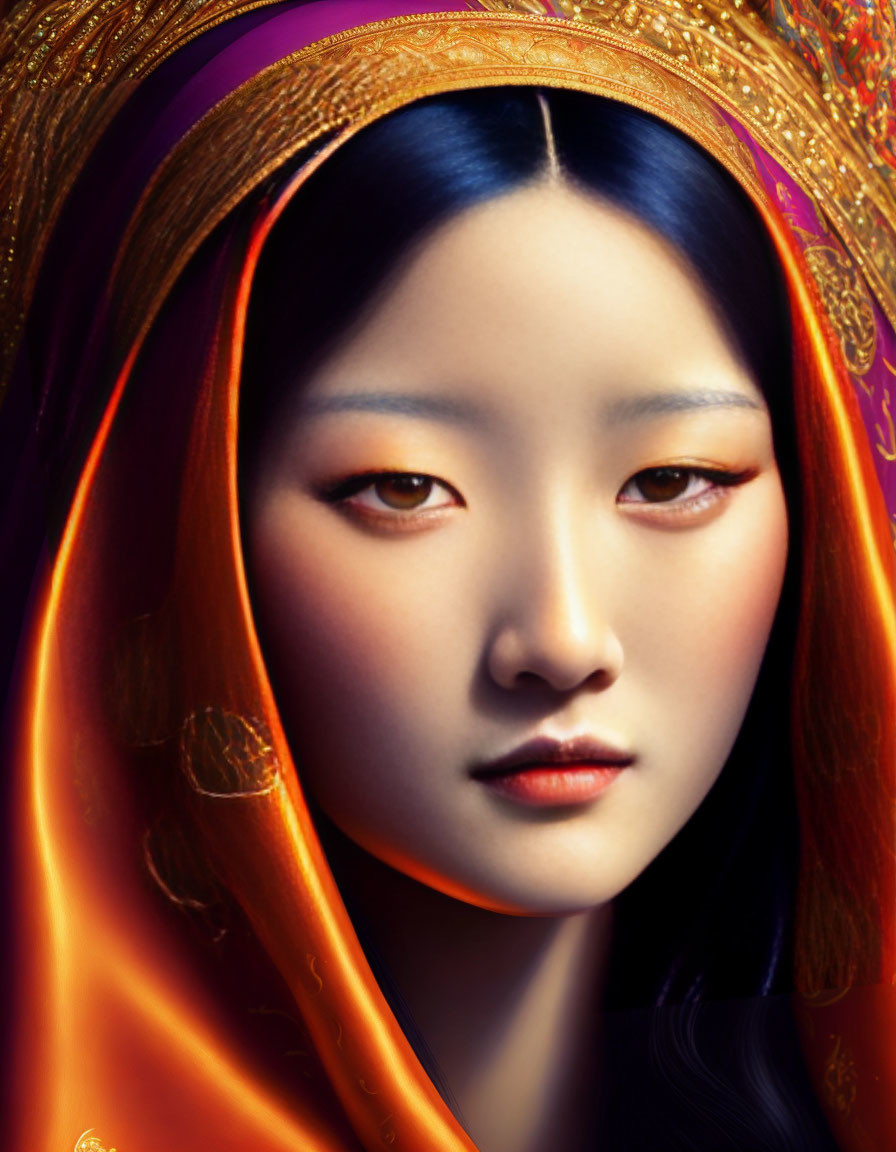 Detailed Digital Portrait of East Asian Woman with Golden Headdress and Orange Veil