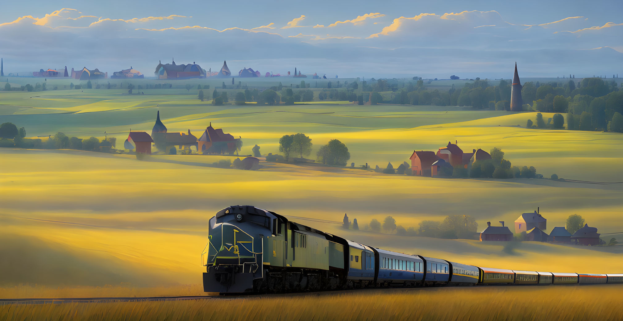 Scenic train journey through rolling hills at sunrise or sunset